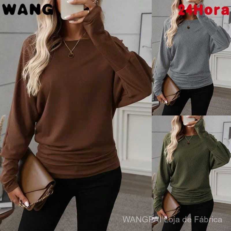 Camiseta Feminina de Manga Longa com Ombros Descidos e Mangas em Forma de Asa de Morcego em Cor Sólida