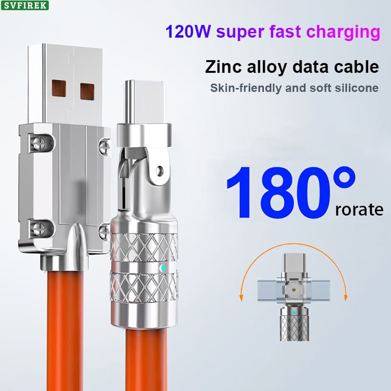 Cabo De Carregamento Super Rápido 120W 180 ° Dados De Cotovelo De Rotação Conector De Liga De Zinco Linha Type C Fio De