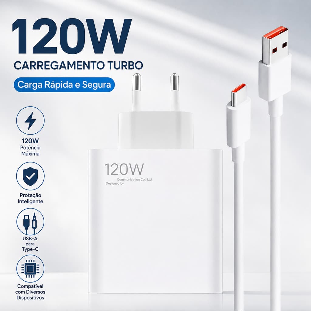 Carregador Turbo 120W Carga Rápida USB Tipo C 6A + Cabo 1M Fast Charger Para Celular Android Xiaomi Samsung