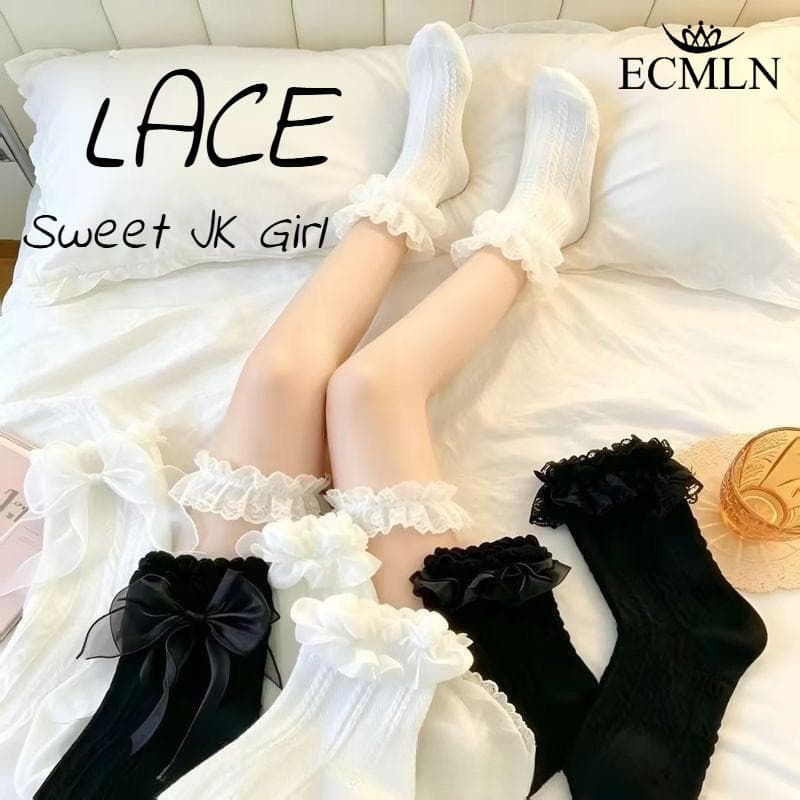 ECMLN Mulheres Verão Fino Respirável Mid Bezerro JK Meias Estilo Japonês Renda Lolita Princesa