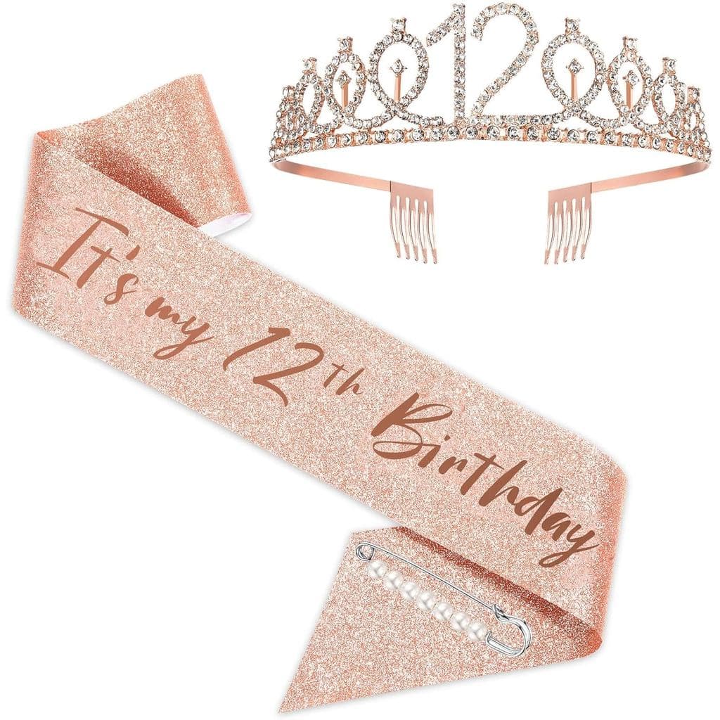 Conjunto de Faixa e Tiara de Aniversário para Meninas de 12 Anos, Faixa e Coroa de Aniversário em Ouro Rosado, Supriment
