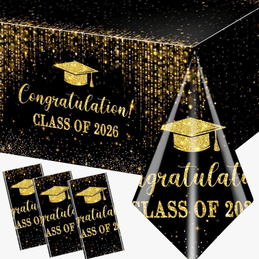 Decorações de Formatura 2026, 3 Peças de Toalhas de Mesa de Formatura Turma de 2026, Toalhas de Mesa Pretas e Douradas d