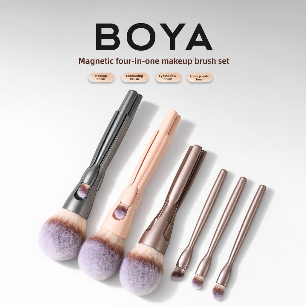 Escova magnética de viagem |   Conjunto de pincéis para pó de cerdas macias quatro em um, pincel para Blush e corretivo