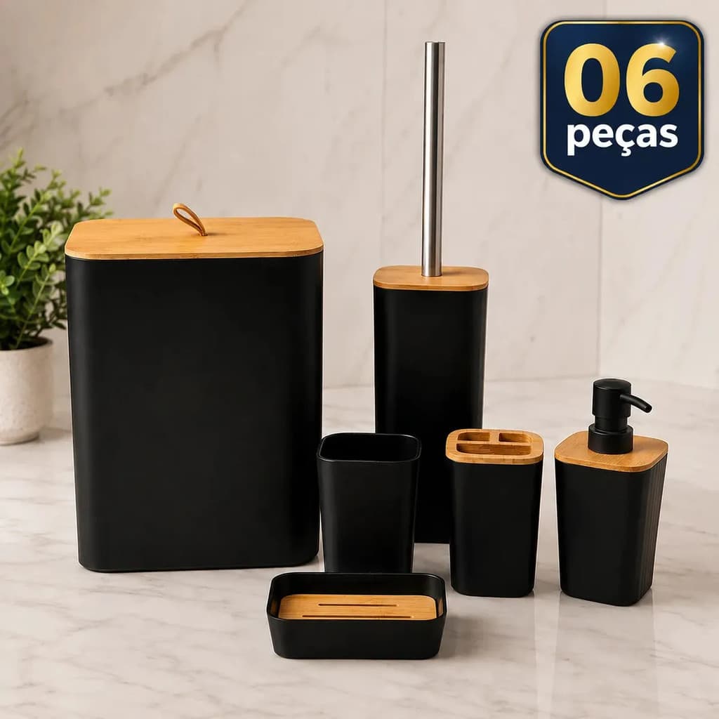 Kit De Banheiro Lavabo Completo 6 Peças Luxo Bambu
