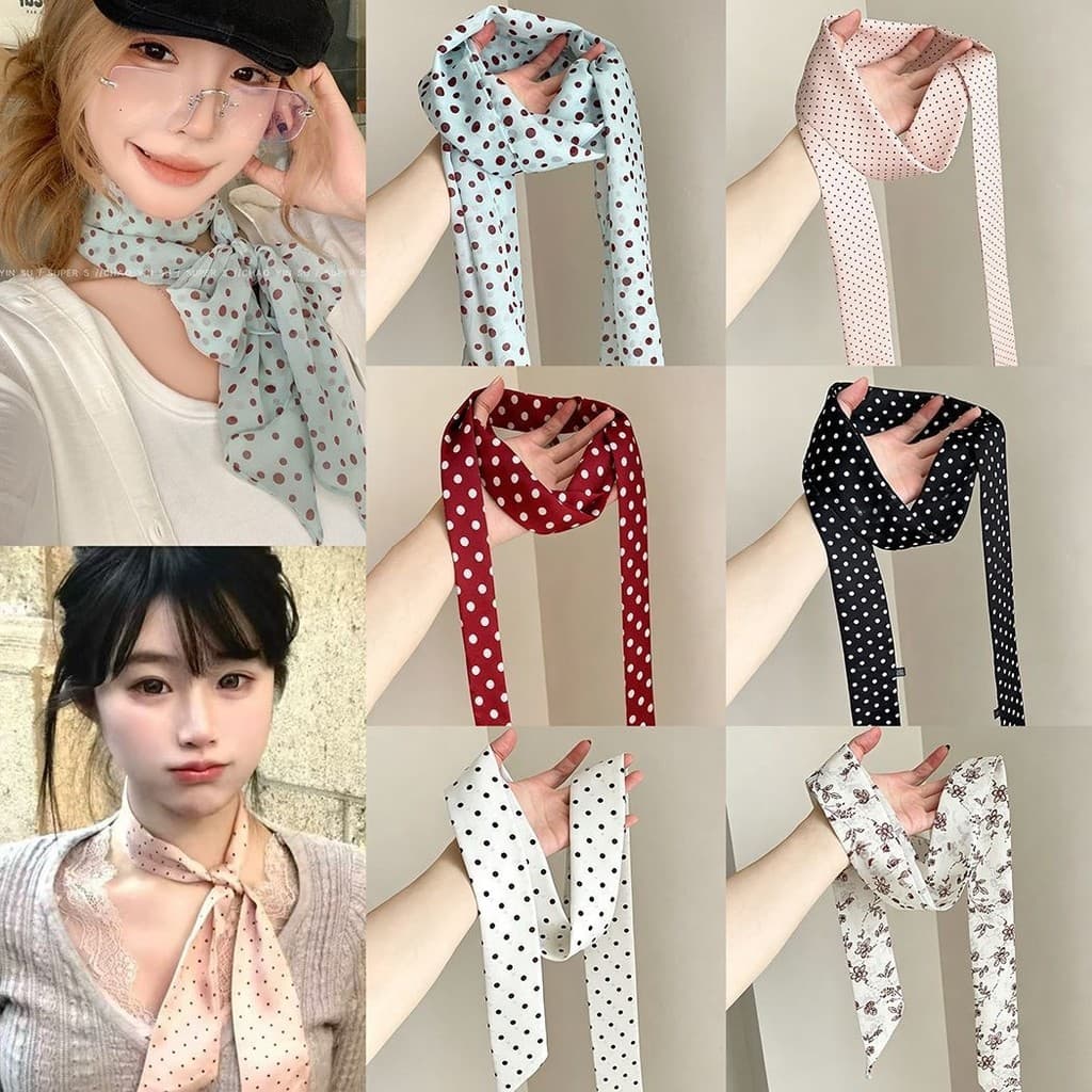 Lenço de seda rosa suave com bolinhas no estilo coreano para mulheres, único e chamativo, elegante e fino, acessório de