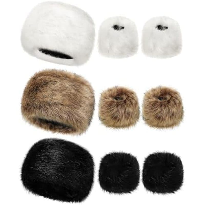 Liitrsh 3 Peças De Chapéu Feminino De Pele Sintética E 3 Pares De Punhos De Pulso Estilo Russo Boné Quente Faixas Peluda