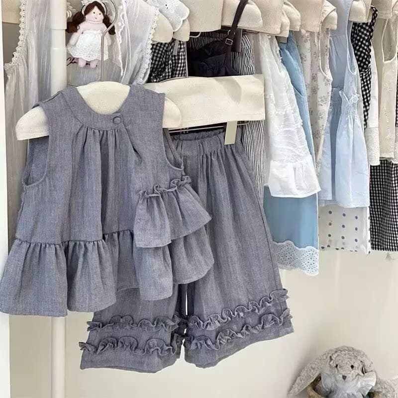 Terno de verão para meninas, colete infantil + calças de perna larga, terno de duas peças, roupas infantis de 3 a 8 anos