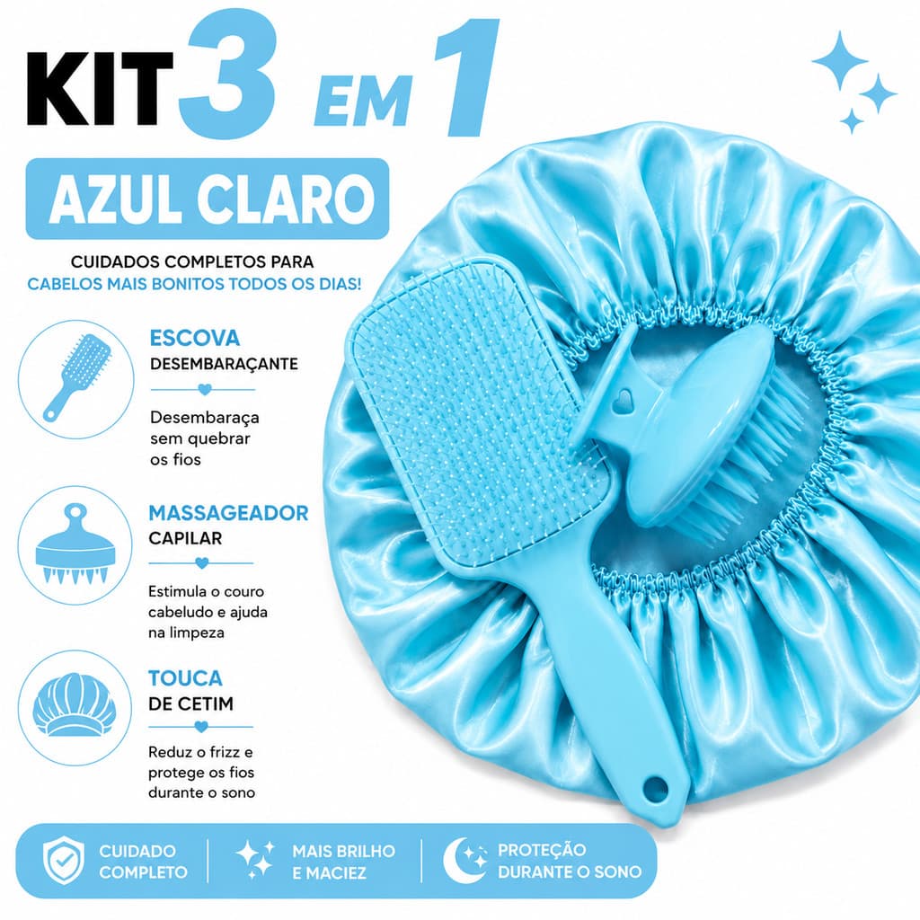 Kit Spa Capilar Azul Claro Escova Desembaraçante Touca de Cetim Massageador Silicone Beauty