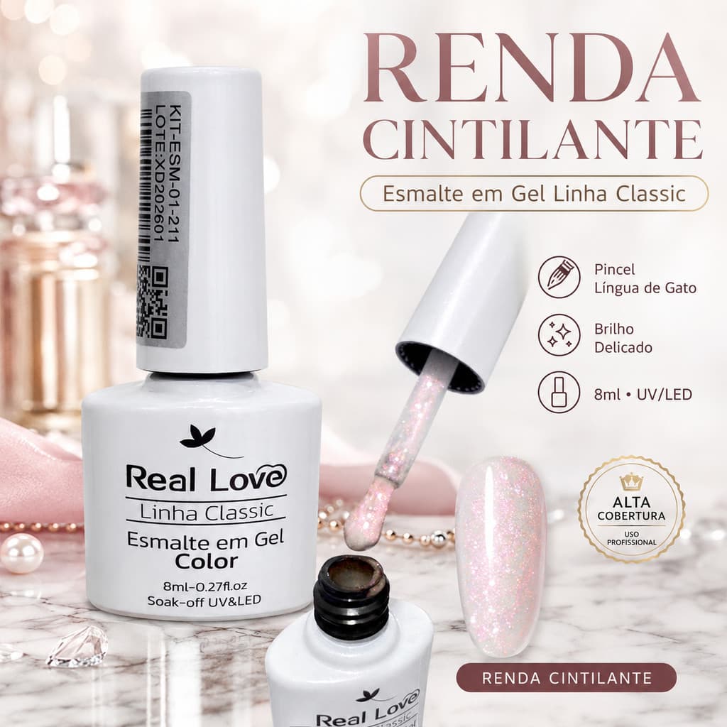 Esmalte em Gel Real Love Renda Cintilante Linha Classic 8ml UV/LED Pincel Língua de Gato