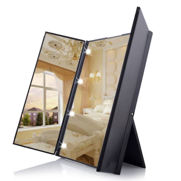Espelho de maquiagem luminoso LED Tri-Fold espelho princesa espelho de três lados dobrável com suporte de luz Desktop pe
