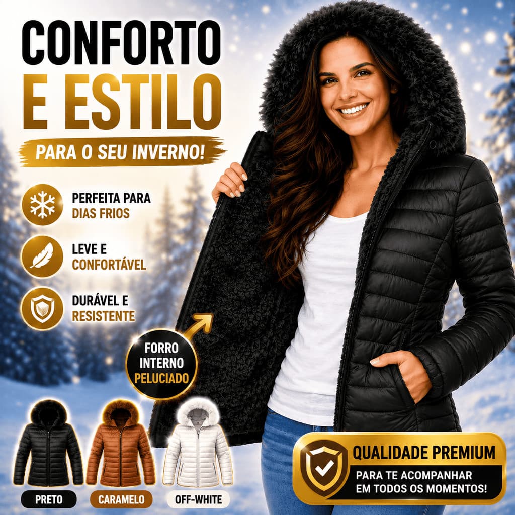 Jaqueta Bobojaco Feminina Puffer Inverno Térmica Impermeável Blusa De Frio Grossa Pelucia Capuz Removivel Neve Forrada