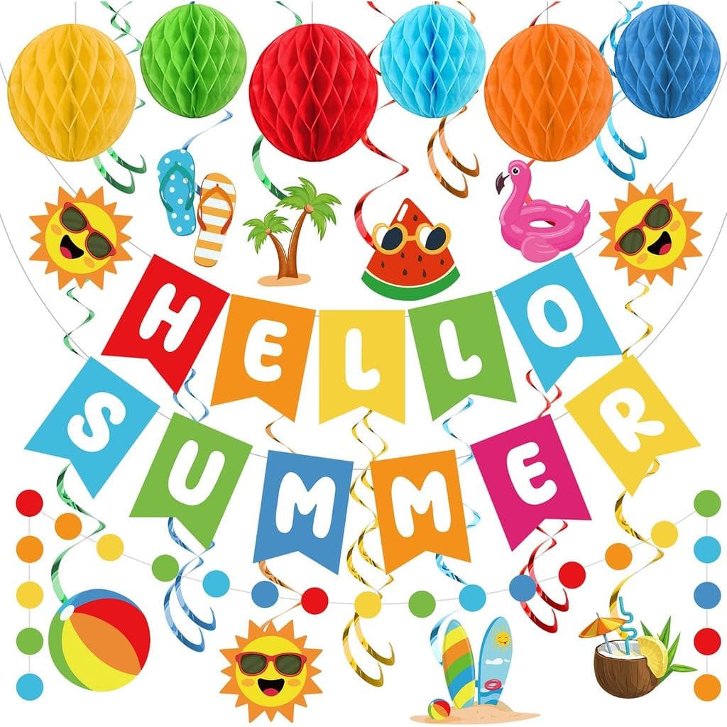 Summer Party Decoration Hello Summer Banner Colorful Beach Pool Theme Banners Pre-strung Pool Banner Hanging Swirls Hone