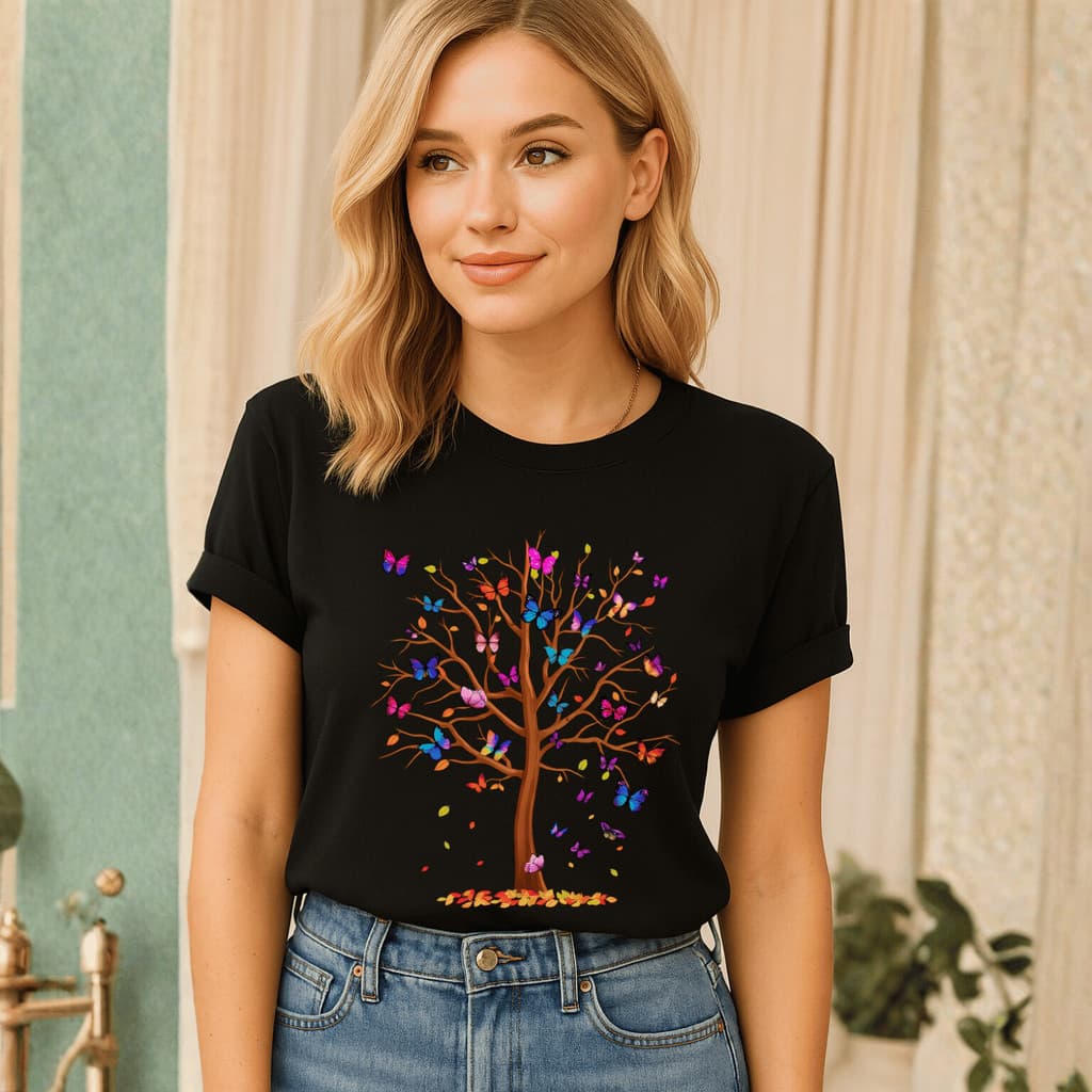 Camiseta Feminina Estampada 100% Algodão Blusa Borboleta Inspiração T-shirt Tendência Moda Feminina