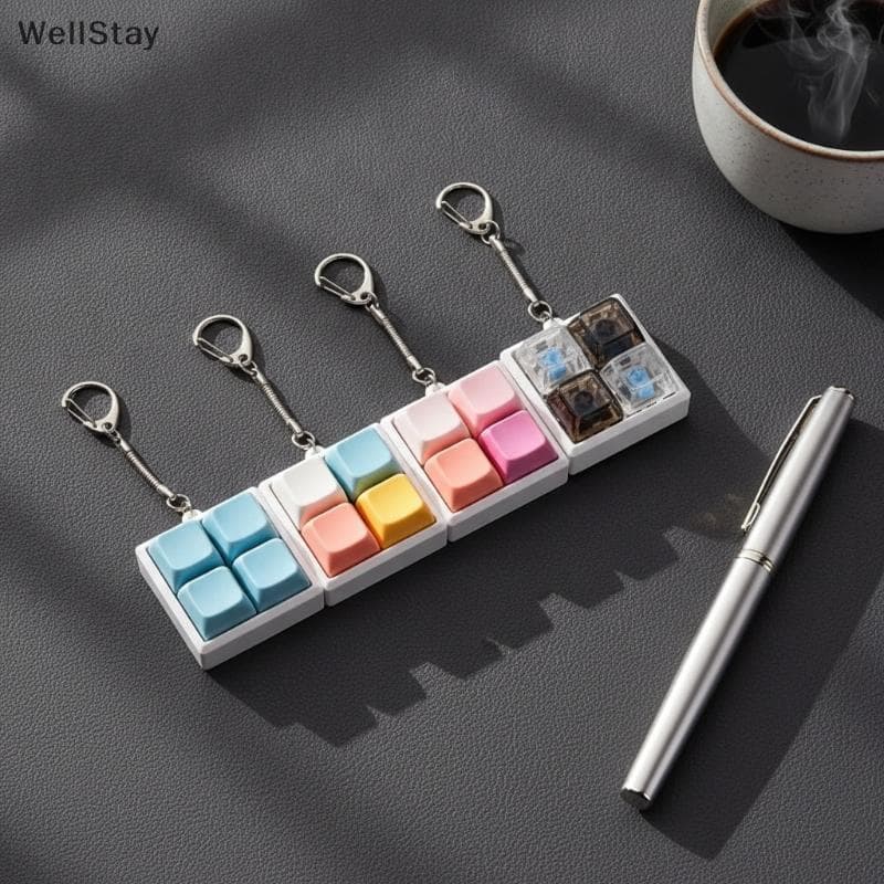 [WellStay] Mini 4 Teclas Teclado Mecânico Fidget Chaveiro Material À Prova D'água Satisfatório Som Cli Para Uso Diário A