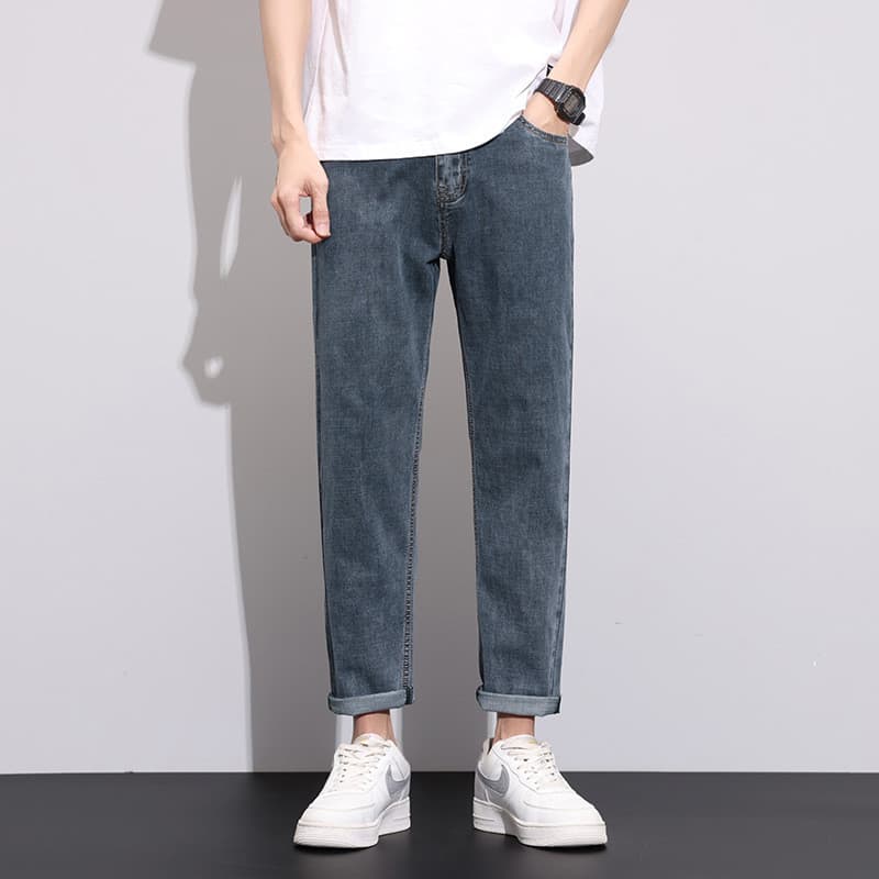 Calças de brim retas masculinas verão cor clara estilo fino Street Wear magro-ajuste calças de perna reta versão coreana