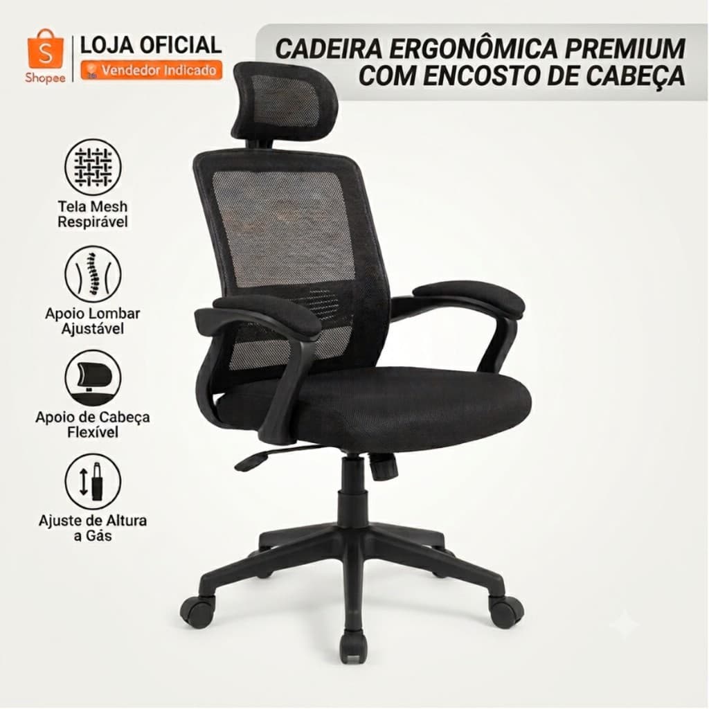 Cadeira Ergonômica Escritório Mesh Presidente Reclinável Apoio Lombar Encosto de Cabeça Ajustável