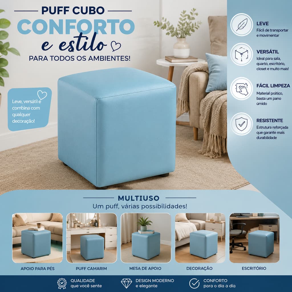 Puff fofo todo revestido multiuso azul bebe  em corino