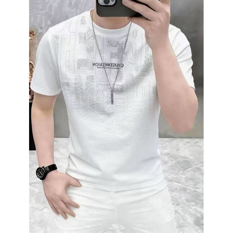 High-End verão na moda impresso em torno do pescoço de manga curta camiseta masculina moda estilo fino respirável meia m