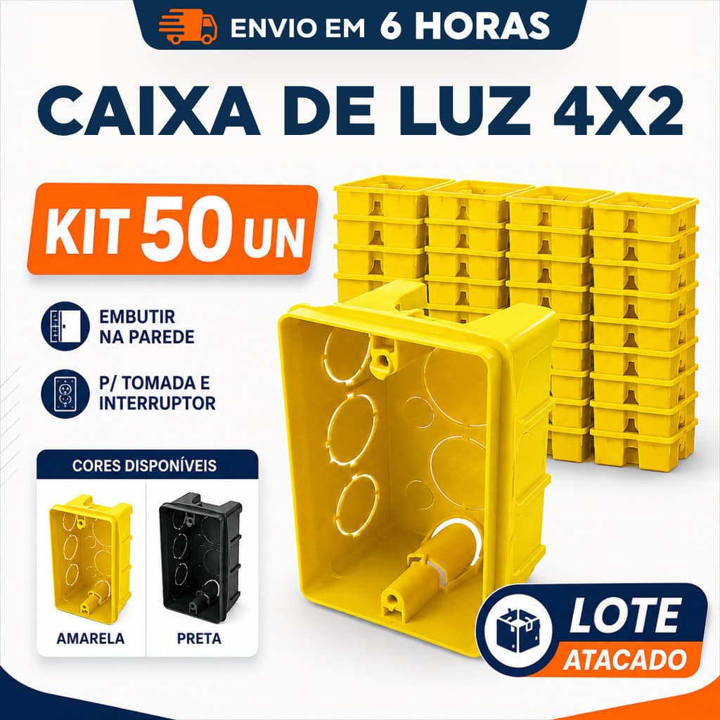 Kit 50 Caixa Caixinha Luz 4x2 Embutir Parede Tomada Interruptor Obra Eletrica Preta Amarela Atacado
