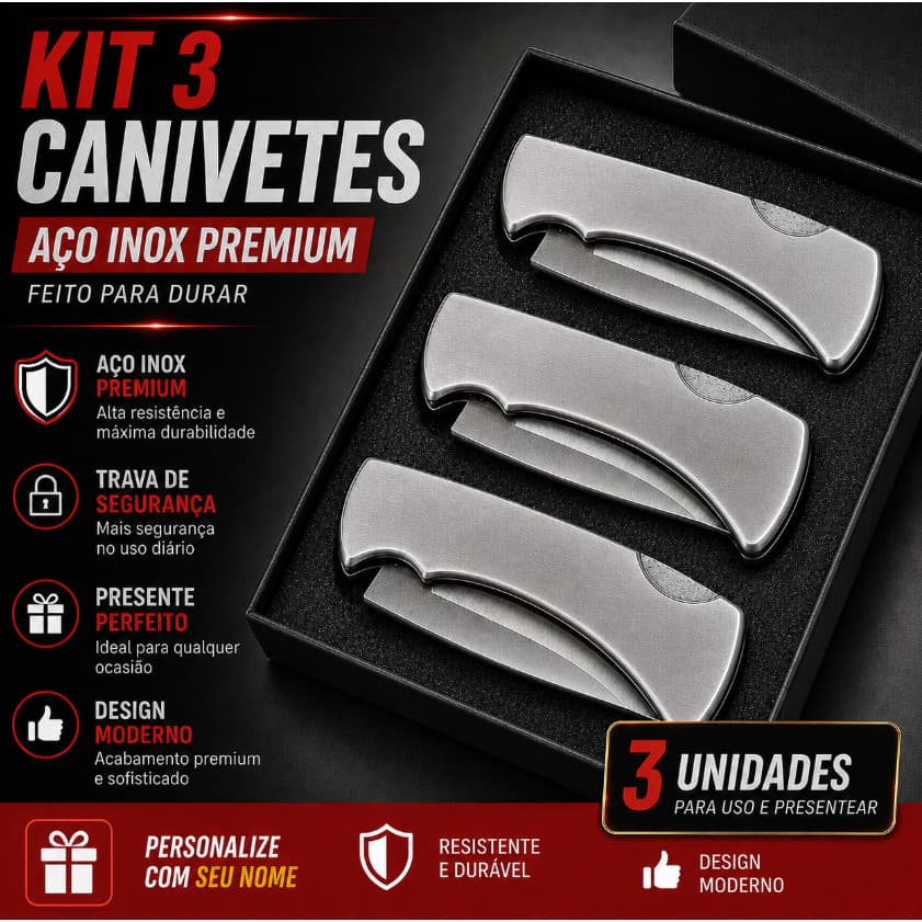 Canivete Inox com clip de fixação kit 3und, faca para frutas e legumes, Ferramenta de camping e aventura sobrevivencia