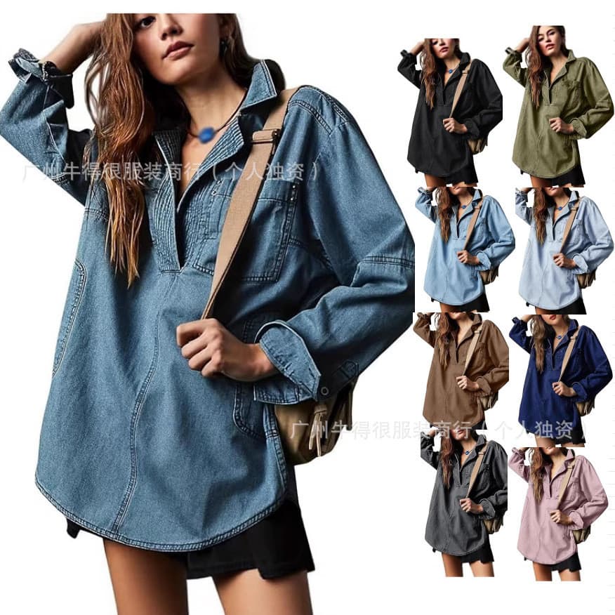 Jaqueta jeans manga comprida com decote em V Design Fashion jaqueta Casual