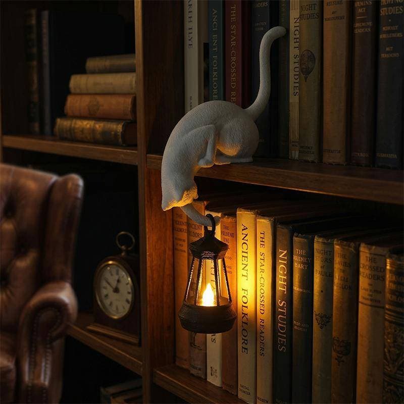 ziyulinph Gato Prateleira Gancho Com Lanterna Estatueta Estátua Casa Quarto Mesa Ornamento Decoração Luz Da Noite BR