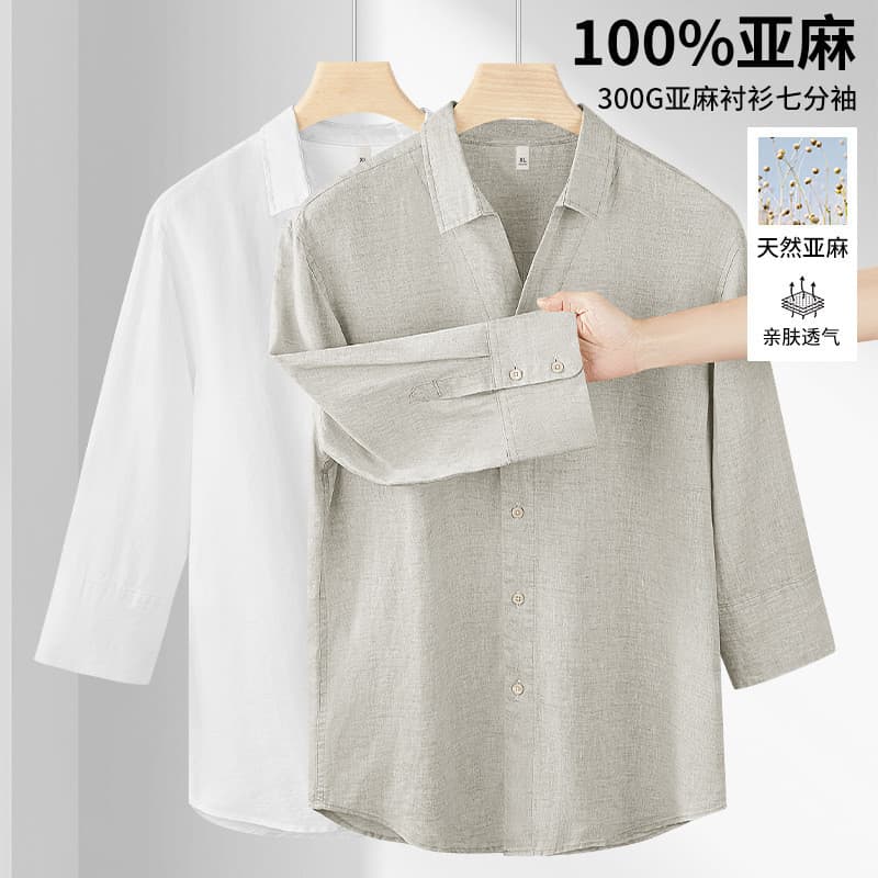 100% camisa masculina de linho puro manga três quartos linho solto verão estilo fino respirável camisa de cor sólida mas