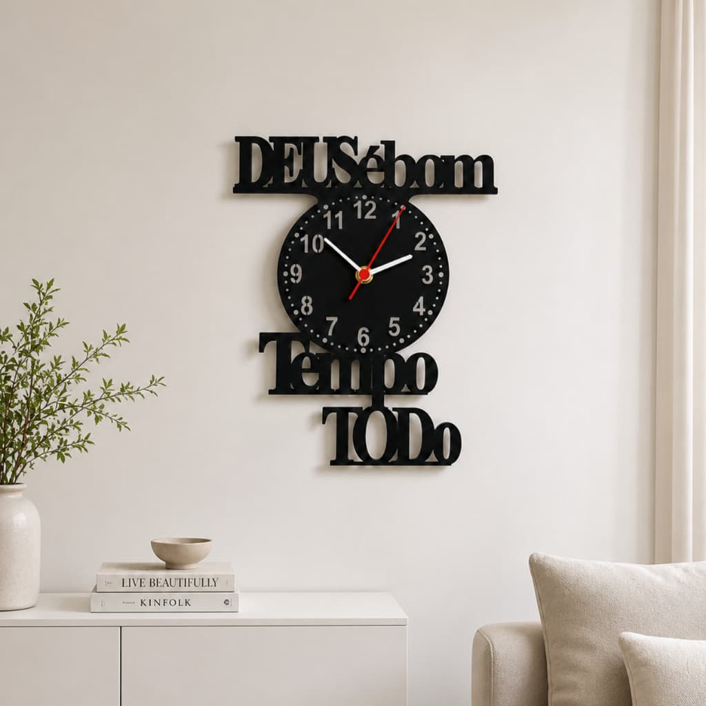 Relógio de Parede em Mdf Decorativo com Frase Deus É Bom o Tempo Todo Casa e Decoração