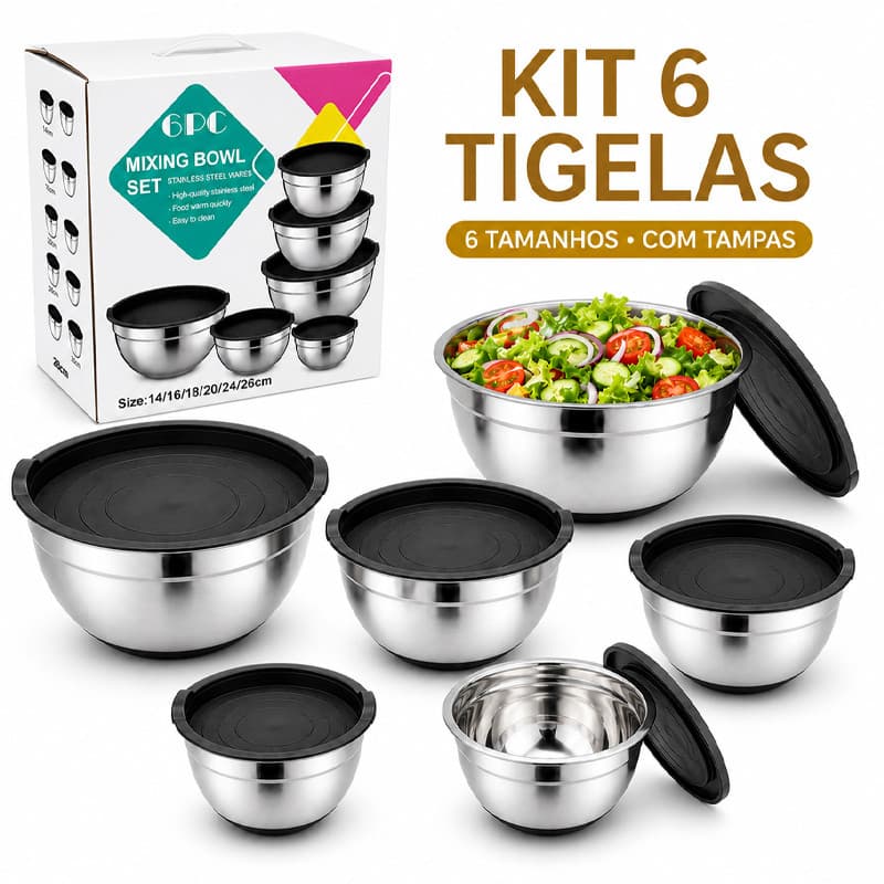 Kit 6 Bowls Inox com Tampa Bumper 0,7L 1L 1,4L 2L 3,8L 4,3L Empilháveis Pote Tigela Multiuso