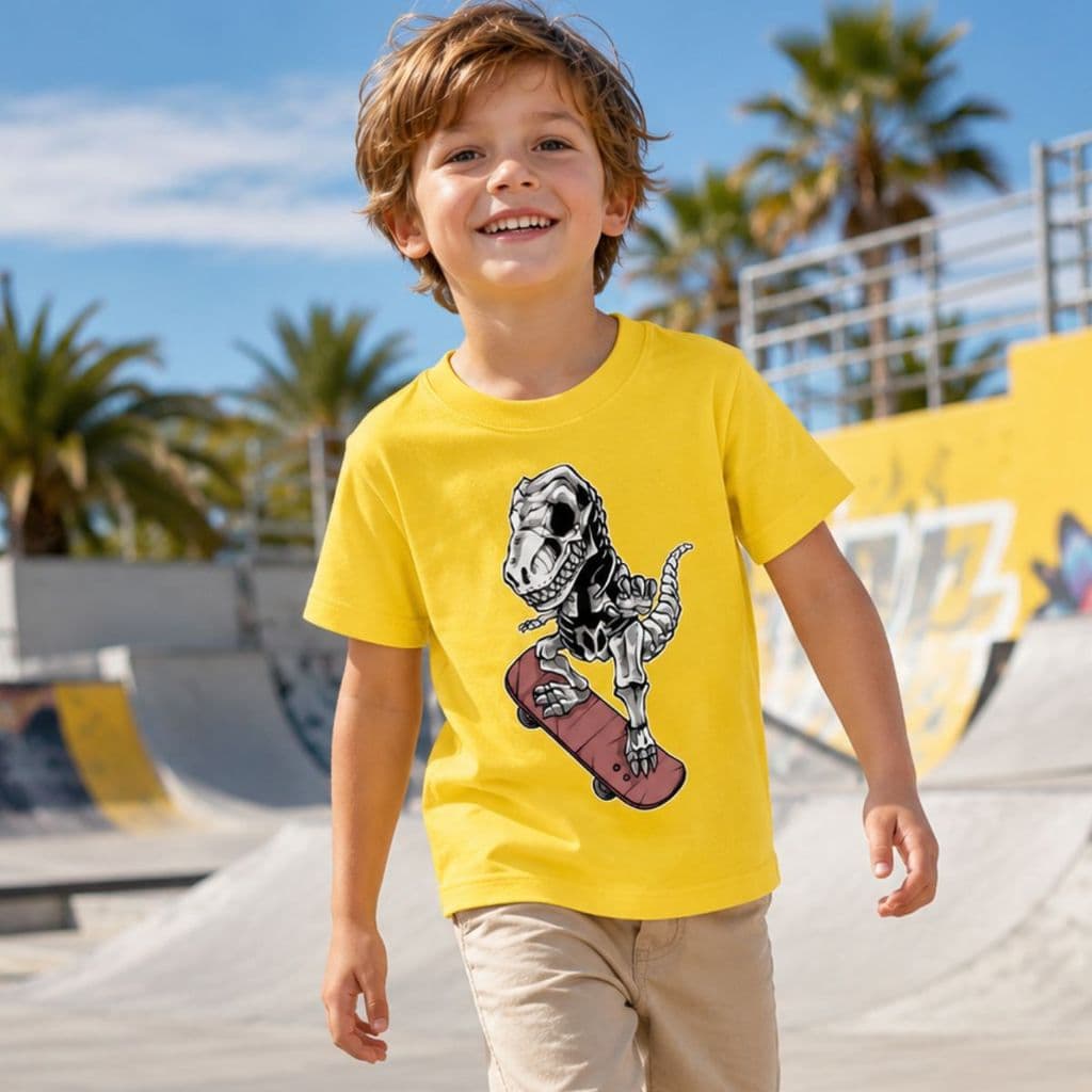 Camiseta Infantil Dinossauro Esqueleto Skate Street Aventura Algodão