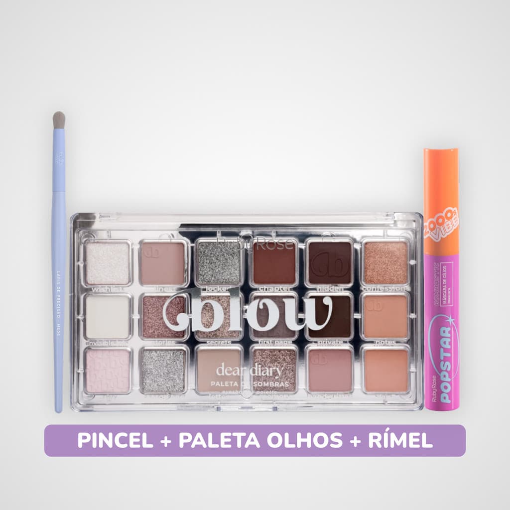 Paleta de Sombras Para Sobrancelhas Dear Diary + Pincel Olhos + Máscara Cílios