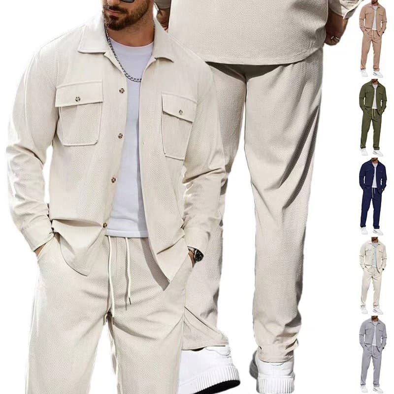 Europeu americano masculino Casual esportes conjunto de duas peças simples botão bolso lapela jaqueta calças retas conju