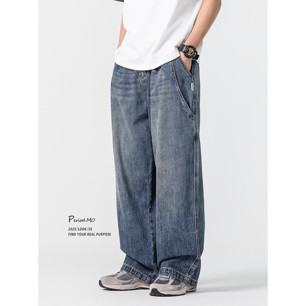 FYRP Momo Estilo Japonês Costura Angustiada Bolso Jeans Retos Homens Street Wear Primavera Outono Solto Casual Calças de