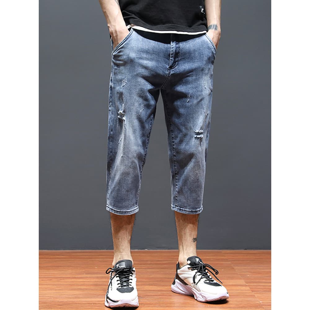 Calças cortadas rasgadas elásticas shorts jeans masculinos verão calças cortadas calças médias masculinas shorts casuais