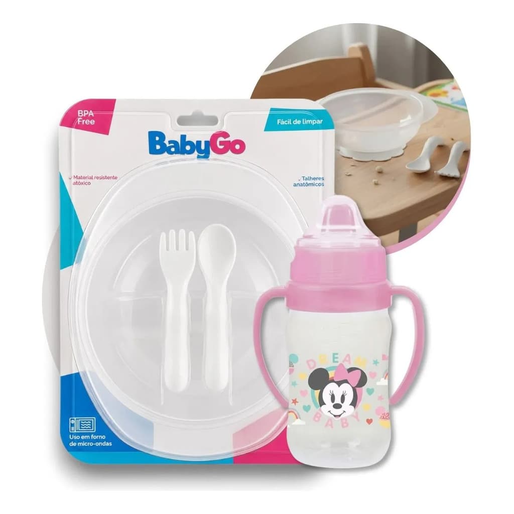 Kit Copo Minnie Com Prato Ventosa Infantil Talheres Refeição