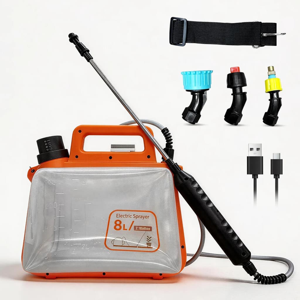 Pulverizador de Bateria 8L Tipo-C, 3 Bicos Reguláveis, Ideal para Hortas, Jardim e Lavoura