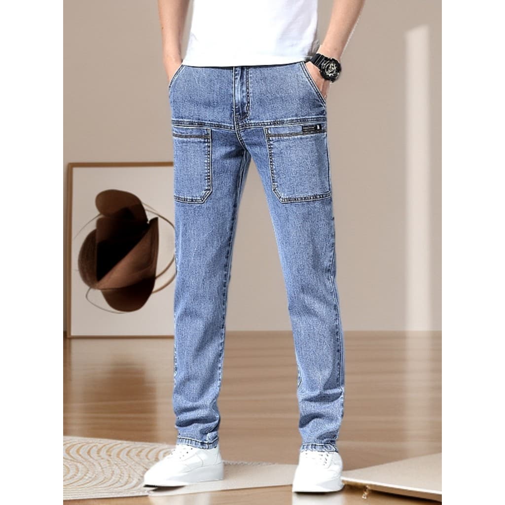 LAIYUEHUI/LAIYUEHUI Primavera Multi-bolso Solto Seis Bolsos Jeans Masculinos Stretch Calças Retas Masculinas