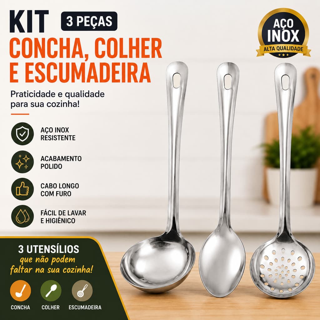 Kit 3 Peças utensílios Inox Colher Concha Escumadeira Cozinha