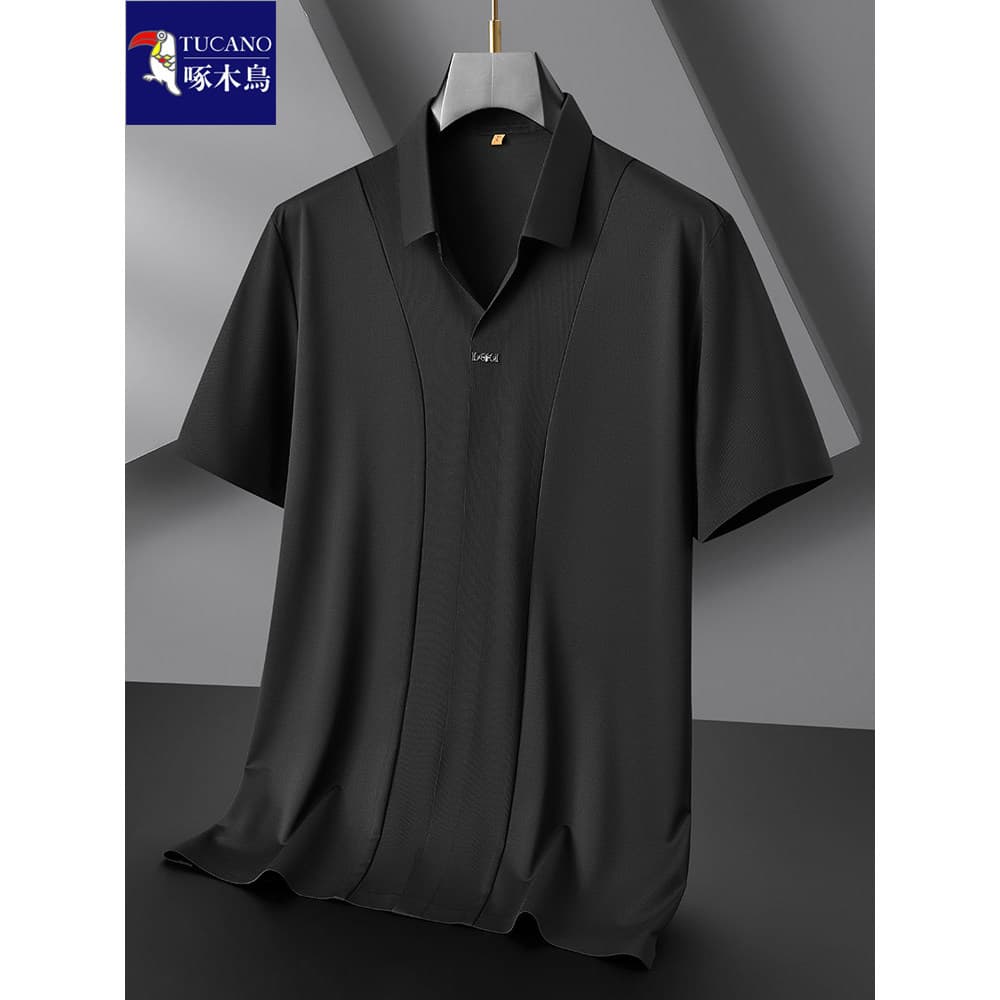 Woodpecker tamanho Extra grande camisa pulôver masculina gordo gelo seda fina lapela de manga curta camiseta masculina g