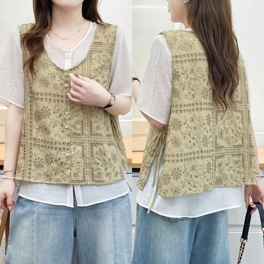 Tamanho grande estilo ocidental oco bordado All-Match falso camisa de duas peças feminino verão solto S