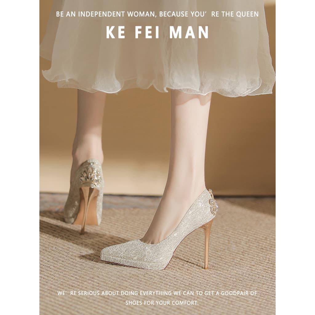 [Kefiman] Plataforma impermeável de salto alto feminino estilete pontiagudo sapatos de casamento de salto Super alto Hex