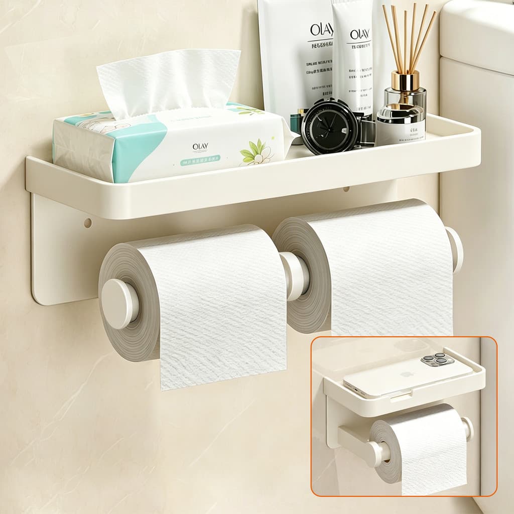 Suporte de papel higiênico branco creme, rolo duplo, sem perfuração, prateleira de parede para banheiro com caixa de arm