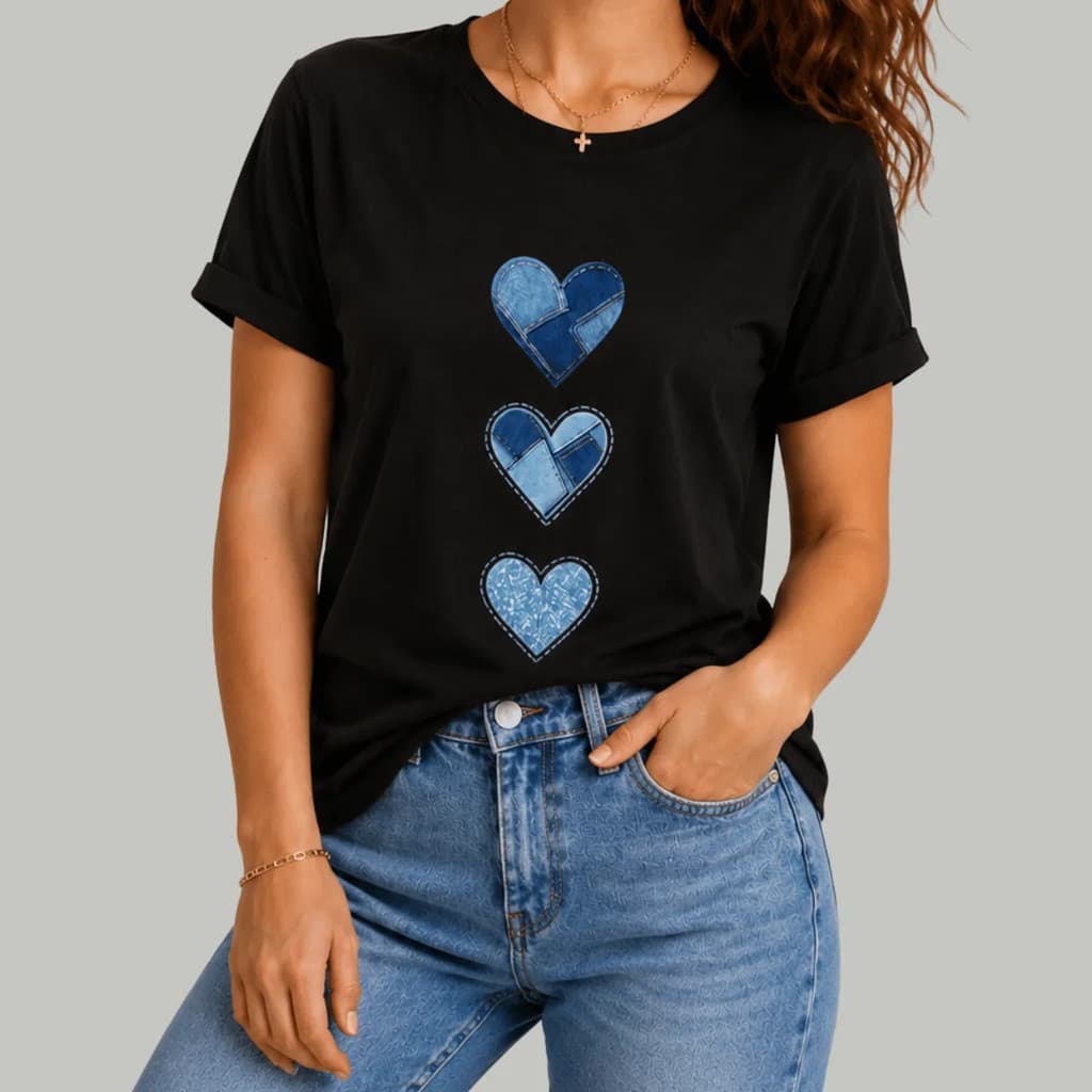 Camiseta Coração Jeans Modinha Blusa Camisa Casual Moderna