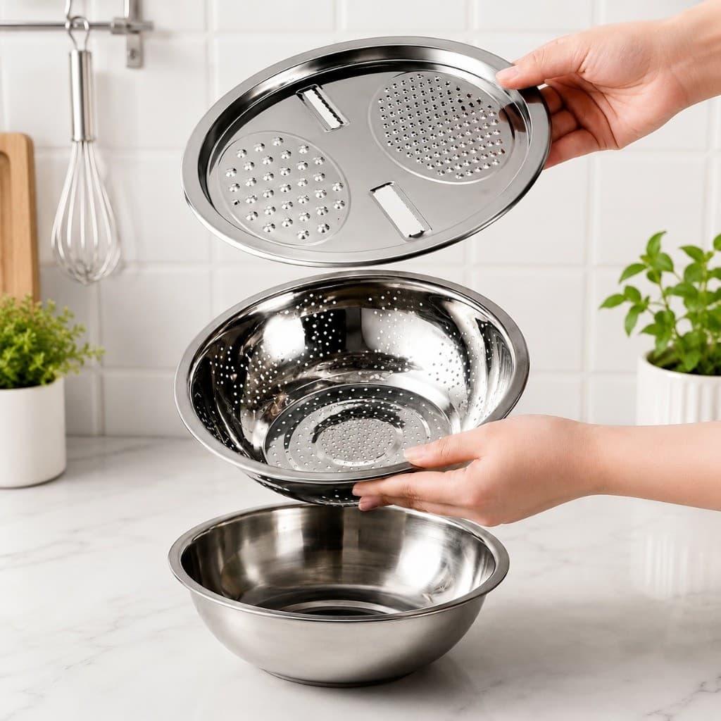 Ralador Escorredor Inox 3 em 1 com Tigela e Bacia Multiuso Cozinha Aço Inox