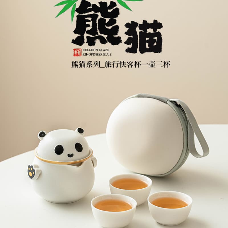 Conjunto de chá de acampamento para viagem ao ar livre Panda cerâmica portátil um pote três xícaras