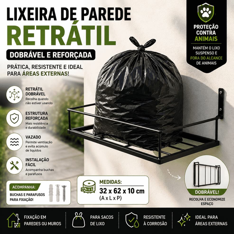 Lixeira Externa de Parede Dobrável Retrátil para Muro Quintal Cesto Suporte para Saco de Lixo