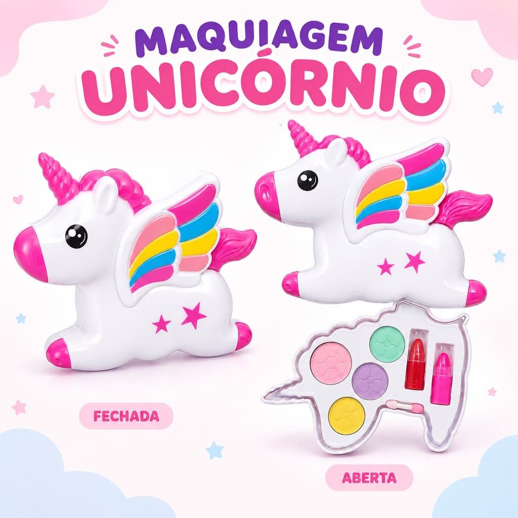 Kit de Maquiagem Infantil Unicórnio Antialérgico com Estojo  Pincel e Batom
