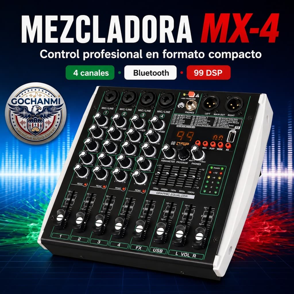 Mixer Digital MX4 4 Canais - Mesa de Som, 99 DSP, Interface USB, Bluetooth, 48V Phantom