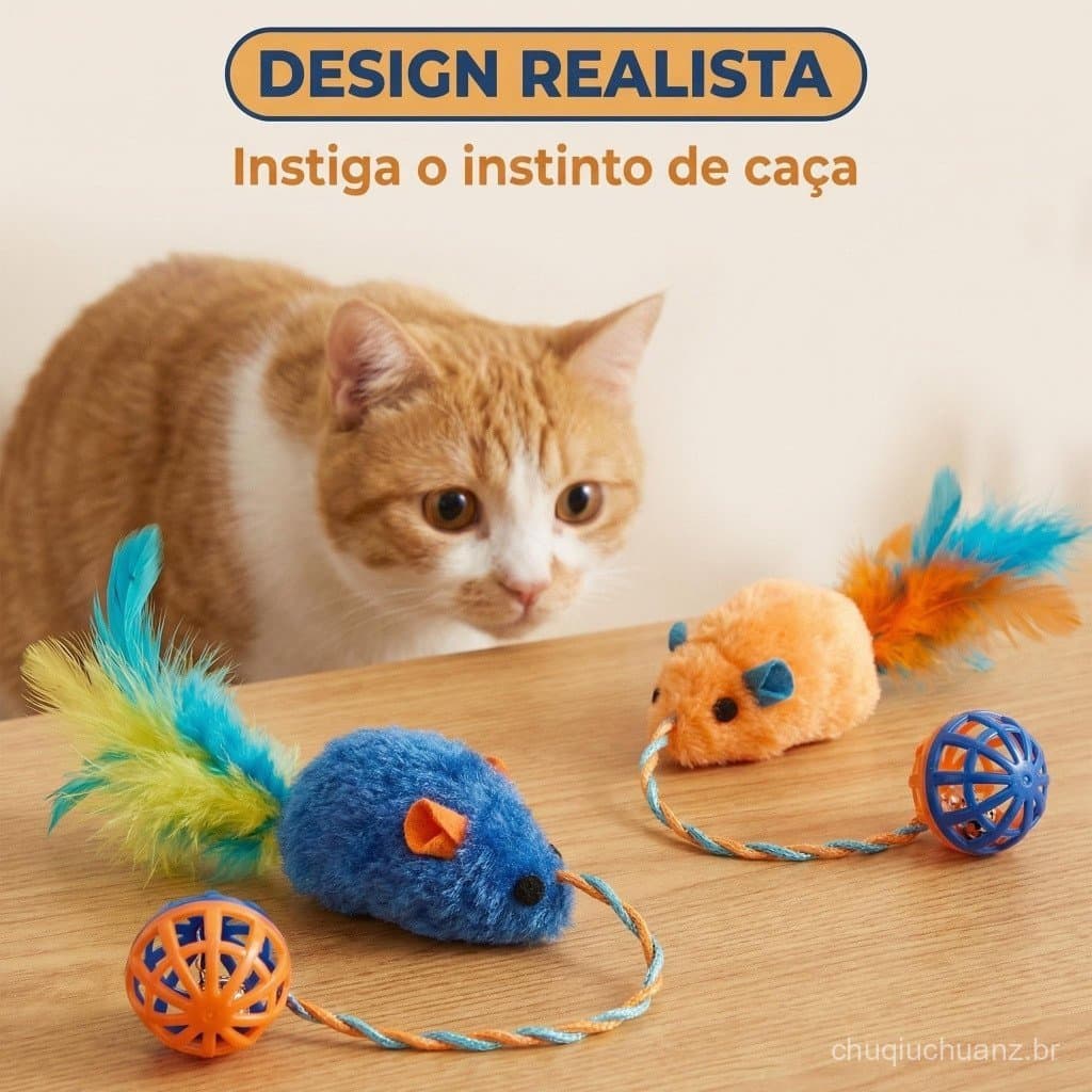 Kit Com 2uns Ratinhos Com Bolinha e Pena Brinquedo Para Gatos Com Guizo XH005