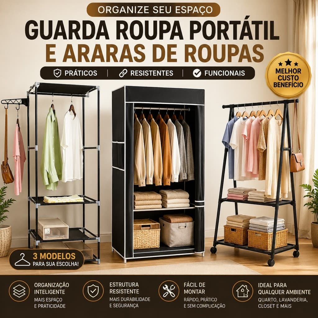 Arara de Roupas Guarda Roupa Portátil Cabideiro com Prateleiras Organizador de Roupas para Quarto Closet